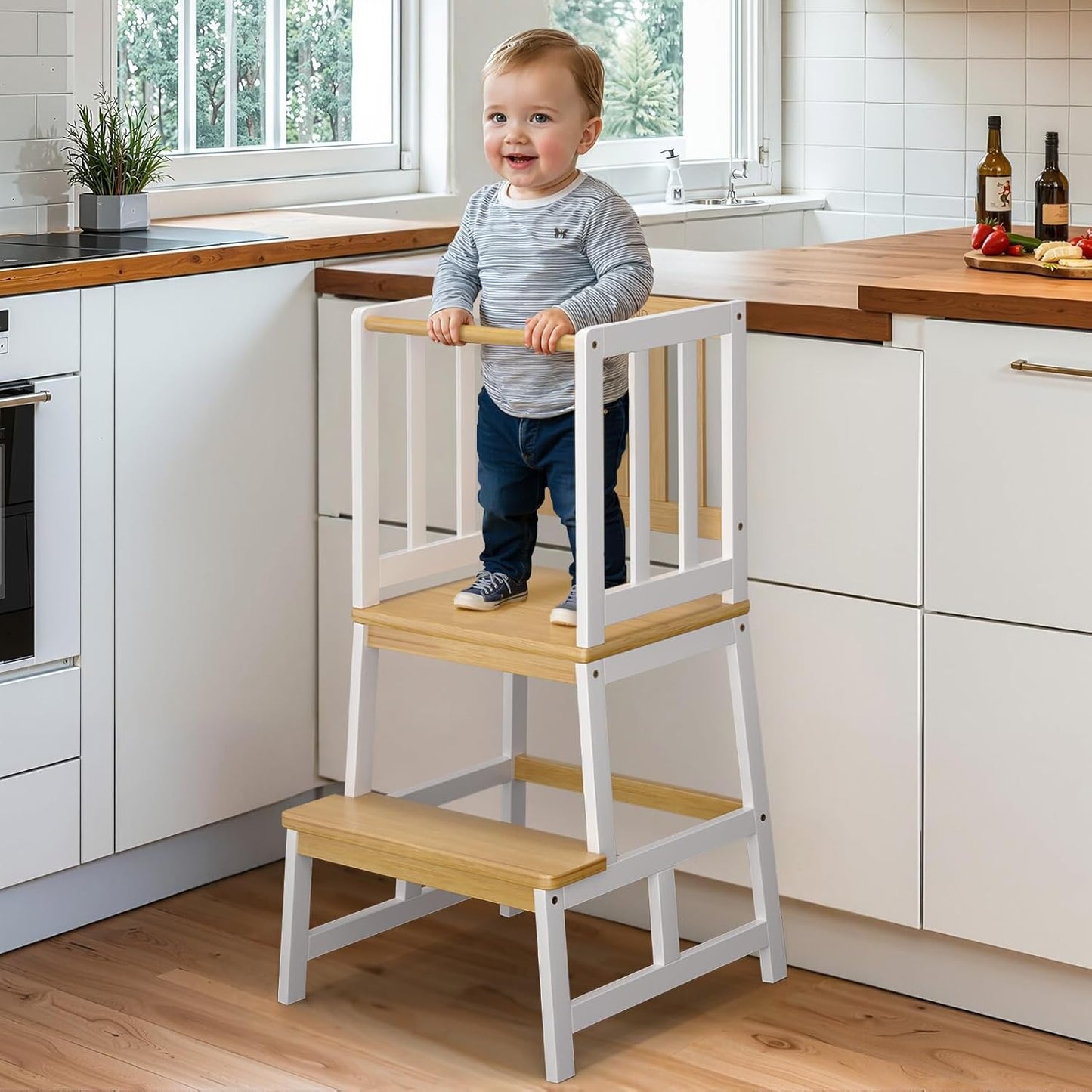 Multifunctional A-Shaped Toddler Standing Tower for Natural Bamboo