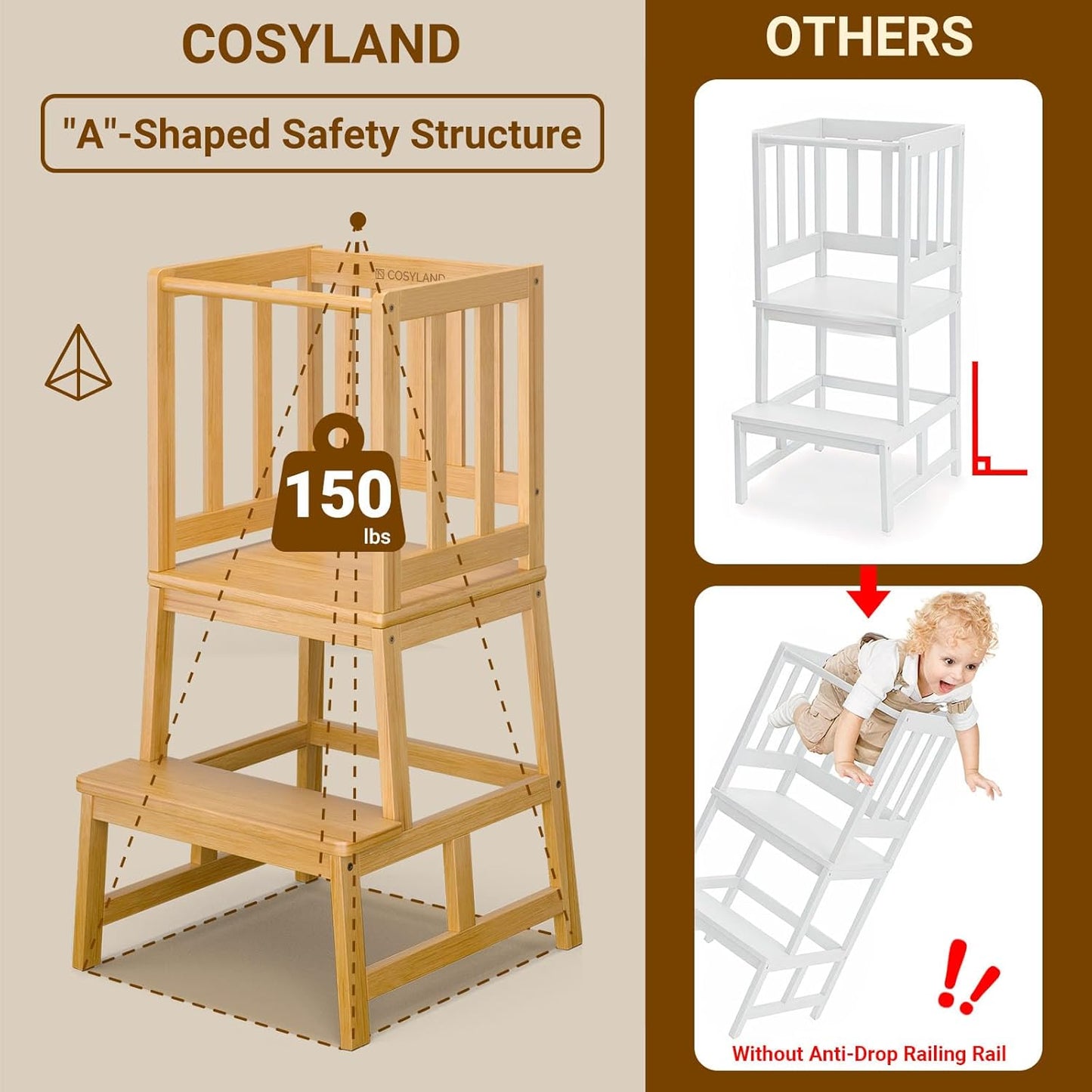 Multifunctional A-Shaped Toddler Standing Tower for Natural Bamboo