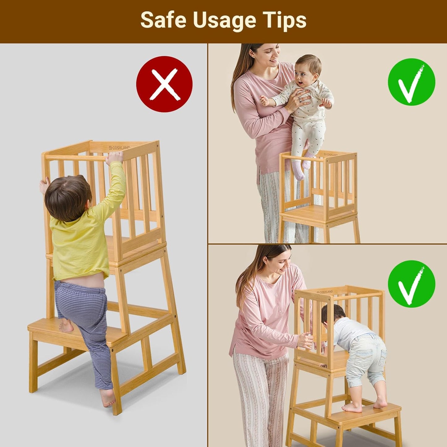 Multifunctional A-Shaped Toddler Standing Tower for Natural Bamboo
