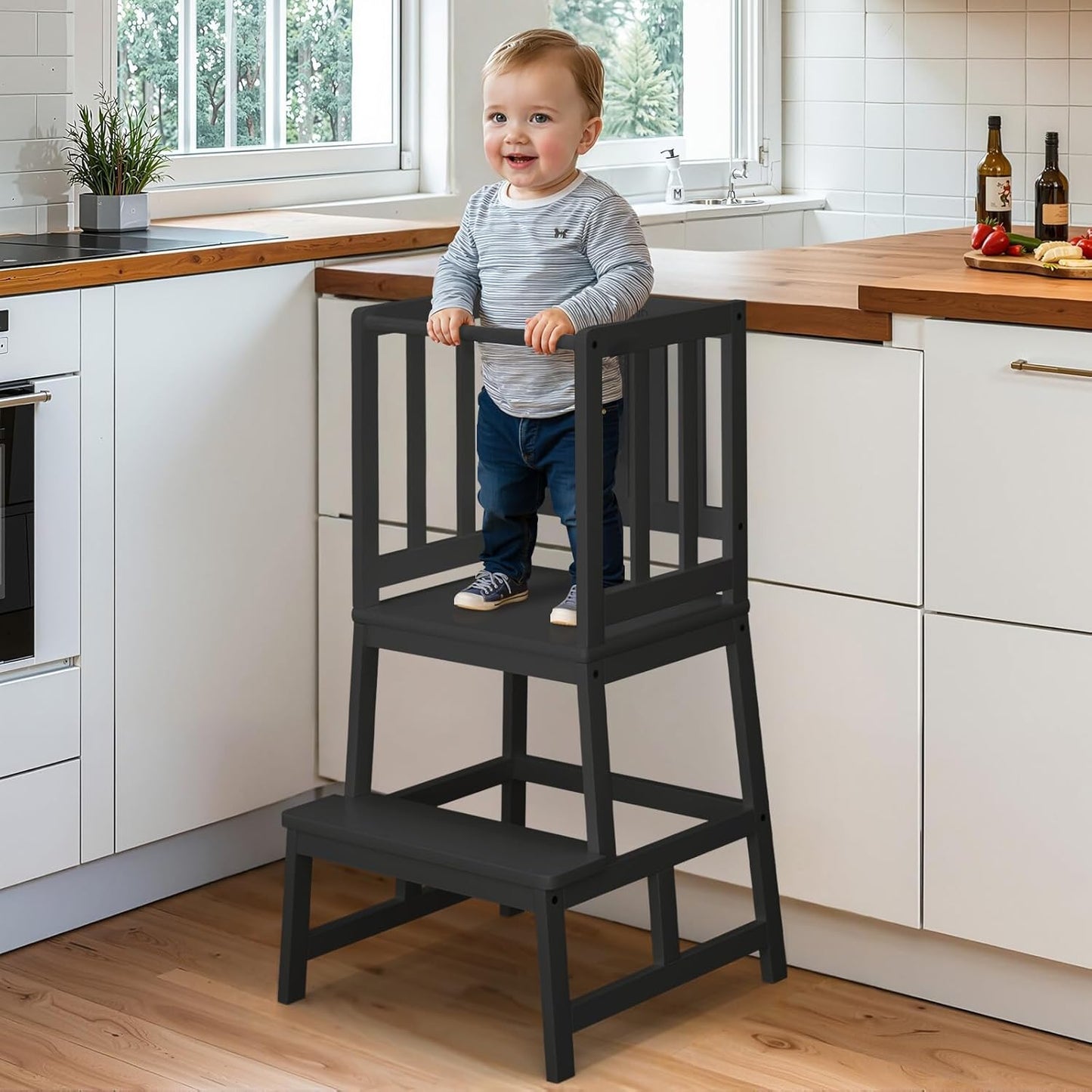 Multifunctional A-Shaped Toddler Standing Tower for Natural Bamboo