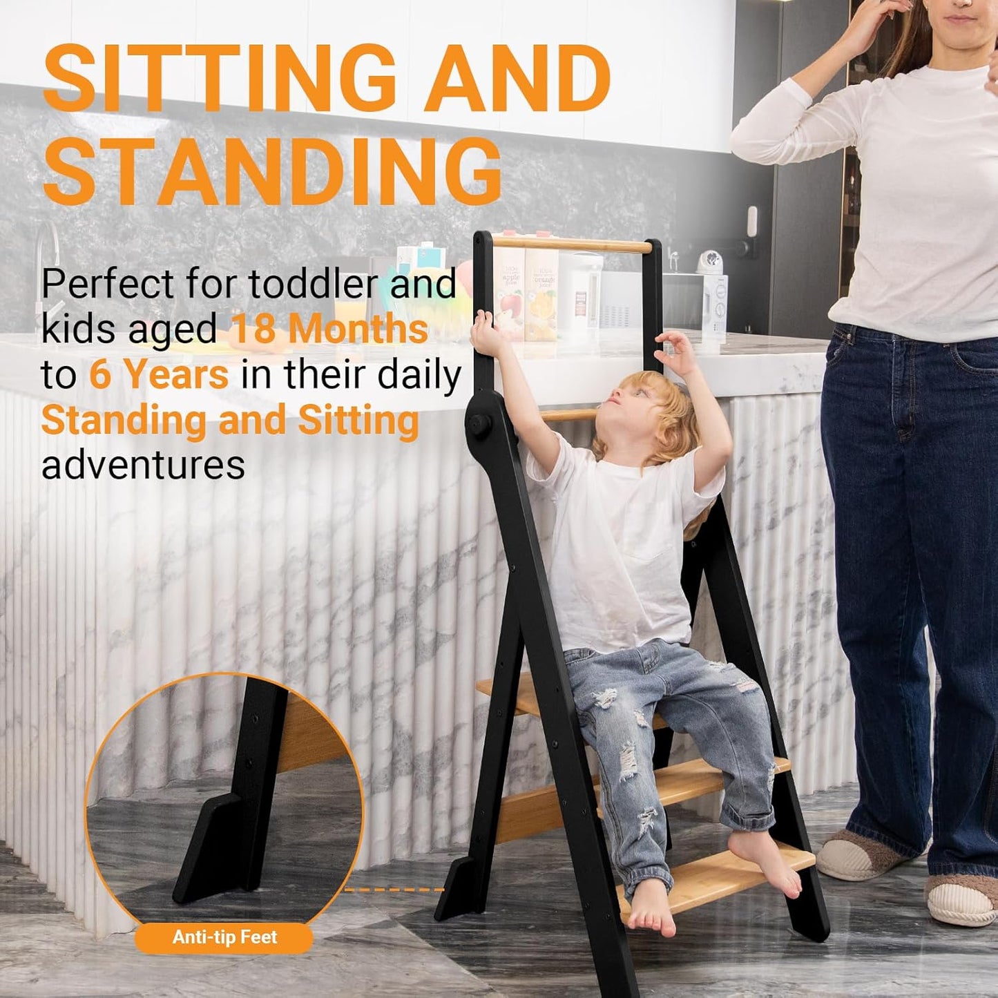 Foldable Toddler Step Stool for Kitchen with Protective Net