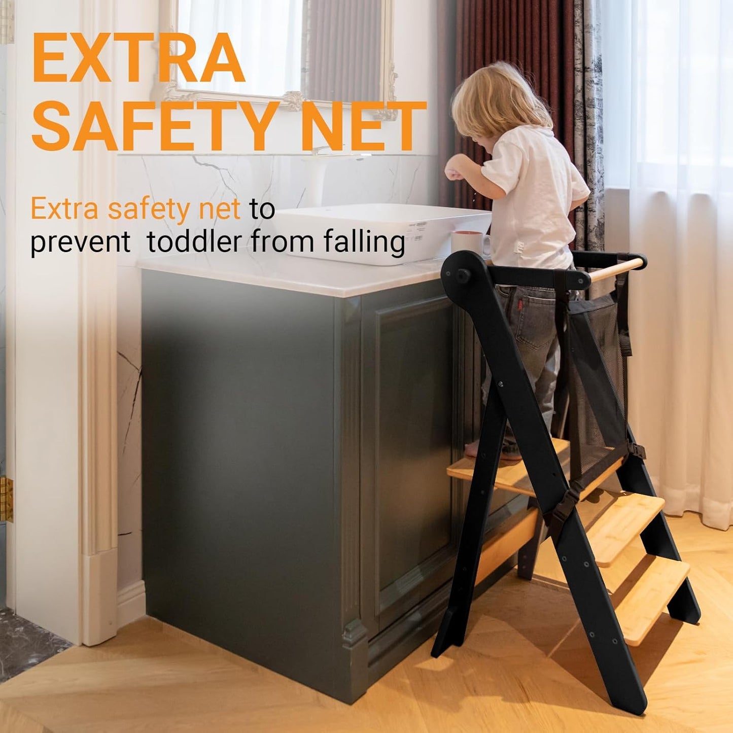 Foldable Toddler Step Stool for Kitchen with Protective Net