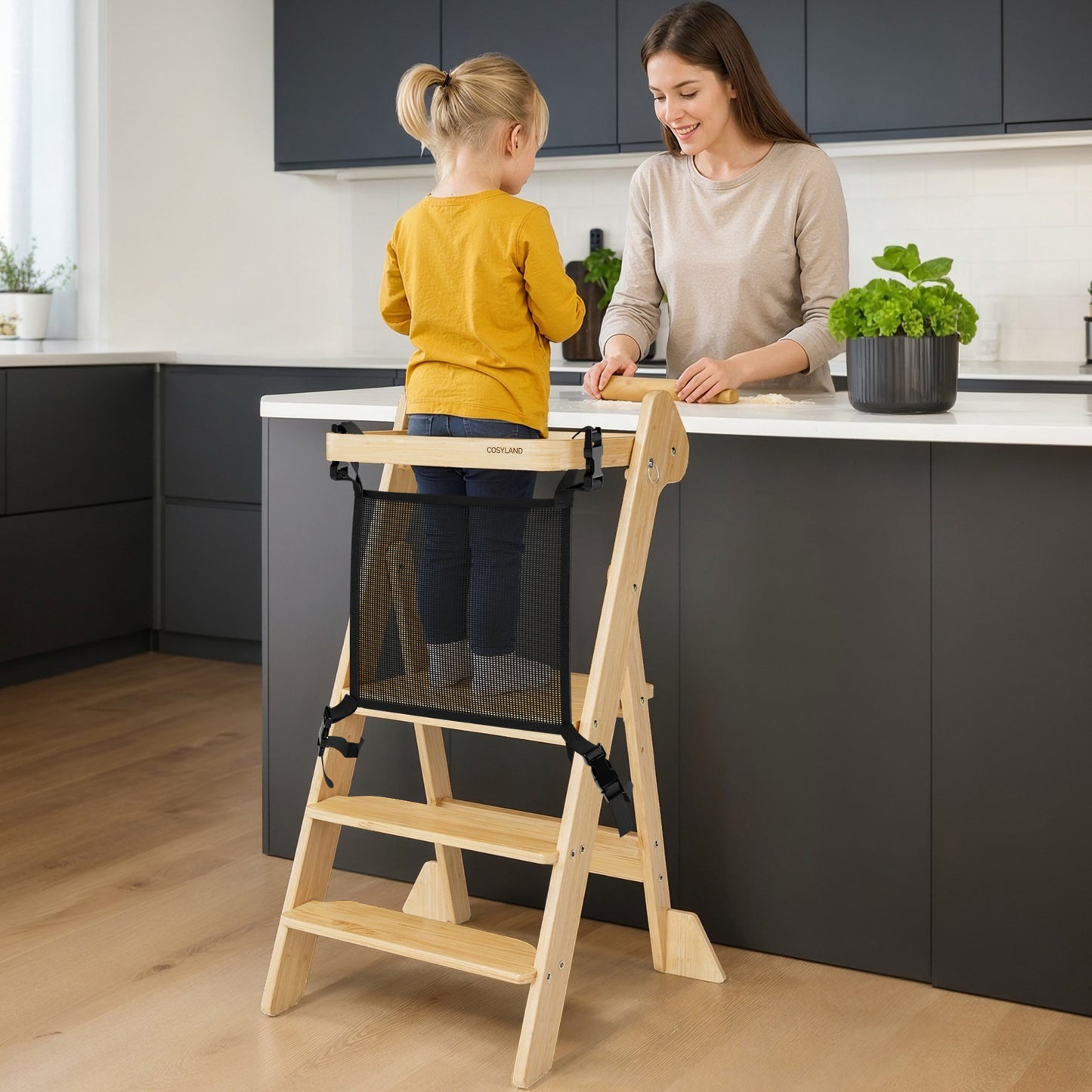 Adjustable Height Foldi Toddler Standing Tower with Net & Safety Feet