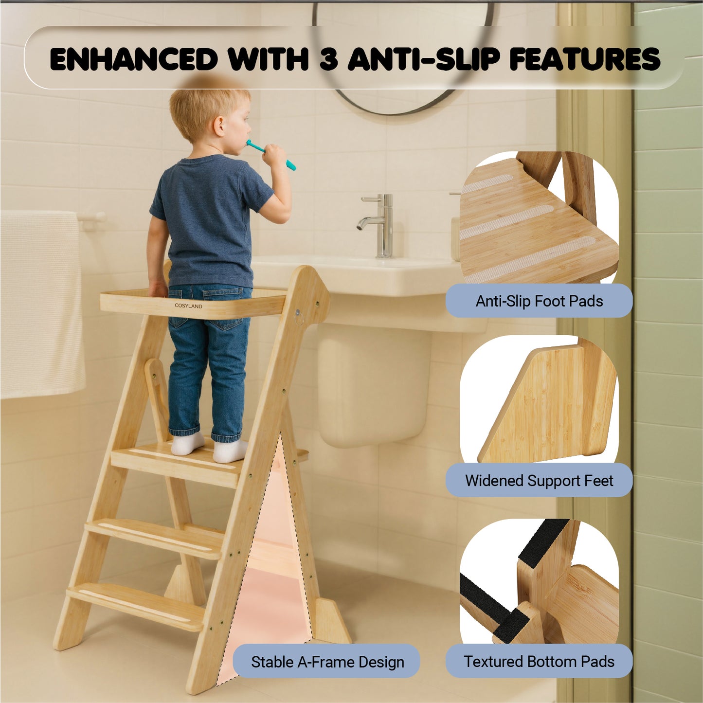 Adjustable Height Foldi Toddler Standing Tower with Net & Safety Feet