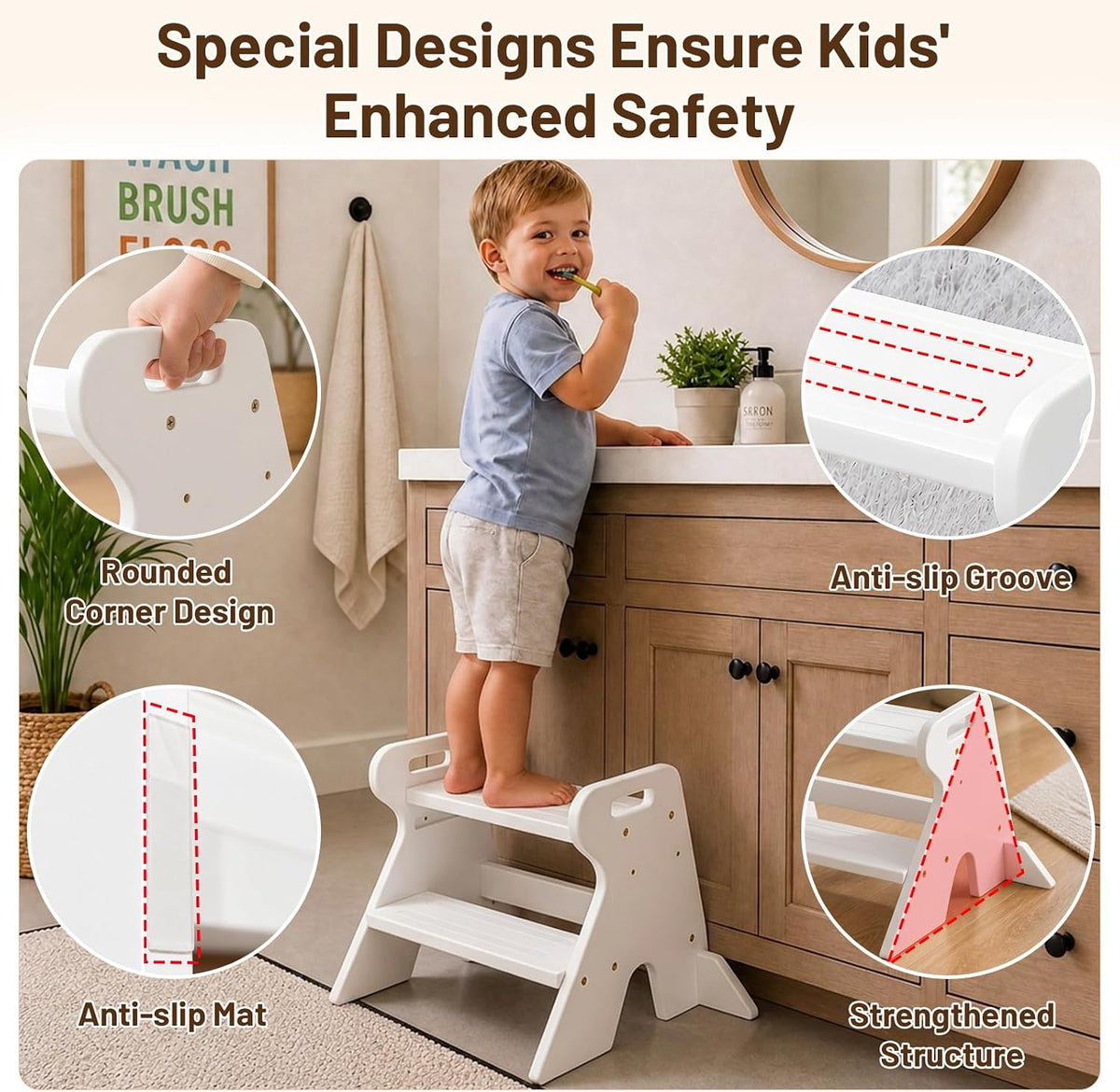 Wooden Toddler Step Stool for Kids Bathroom Kitchen 2 Tier