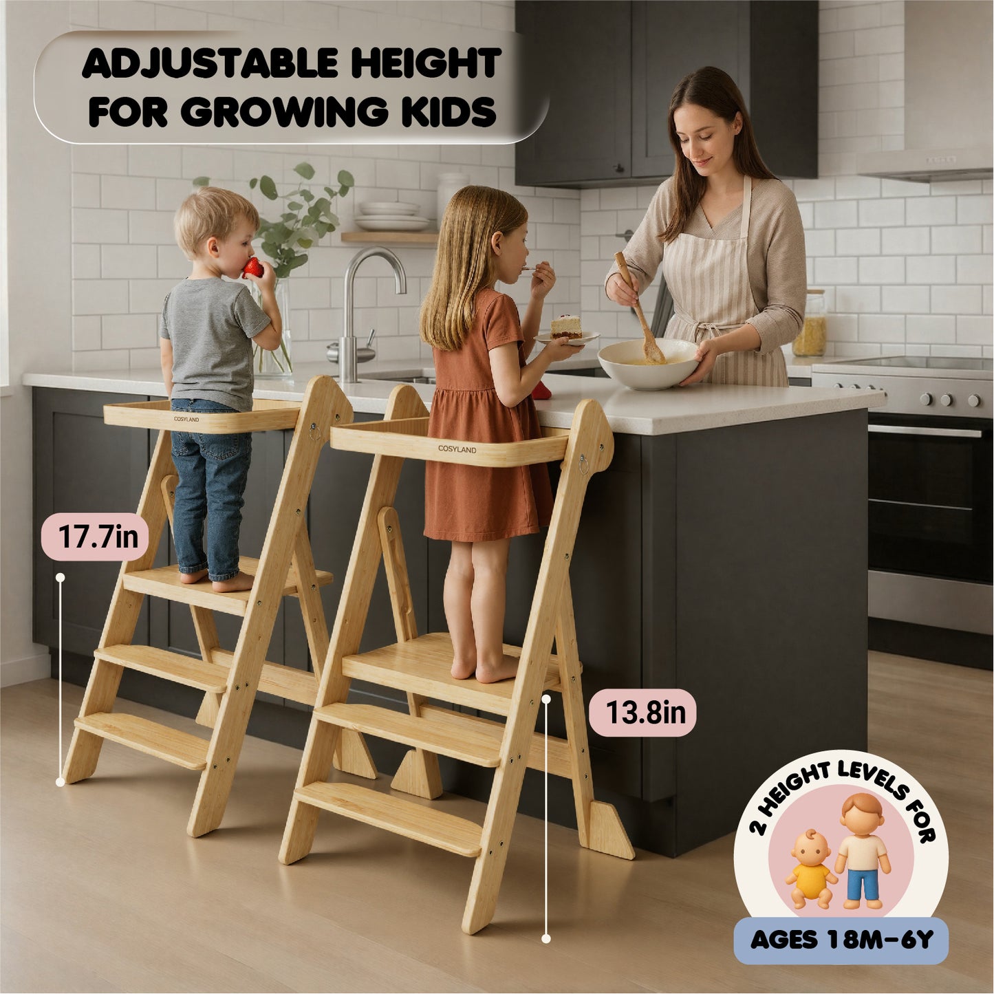 Adjustable Height Foldi Toddler Standing Tower with Net & Safety Feet