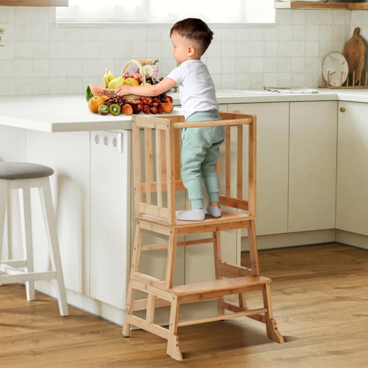 Toddlers Learning Bamboo Kitchen Tower Anti-Tip Design