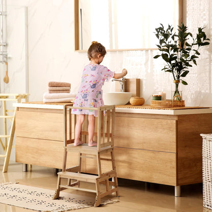 Toddlers Learning Bamboo Kitchen Tower Anti-Tip Design