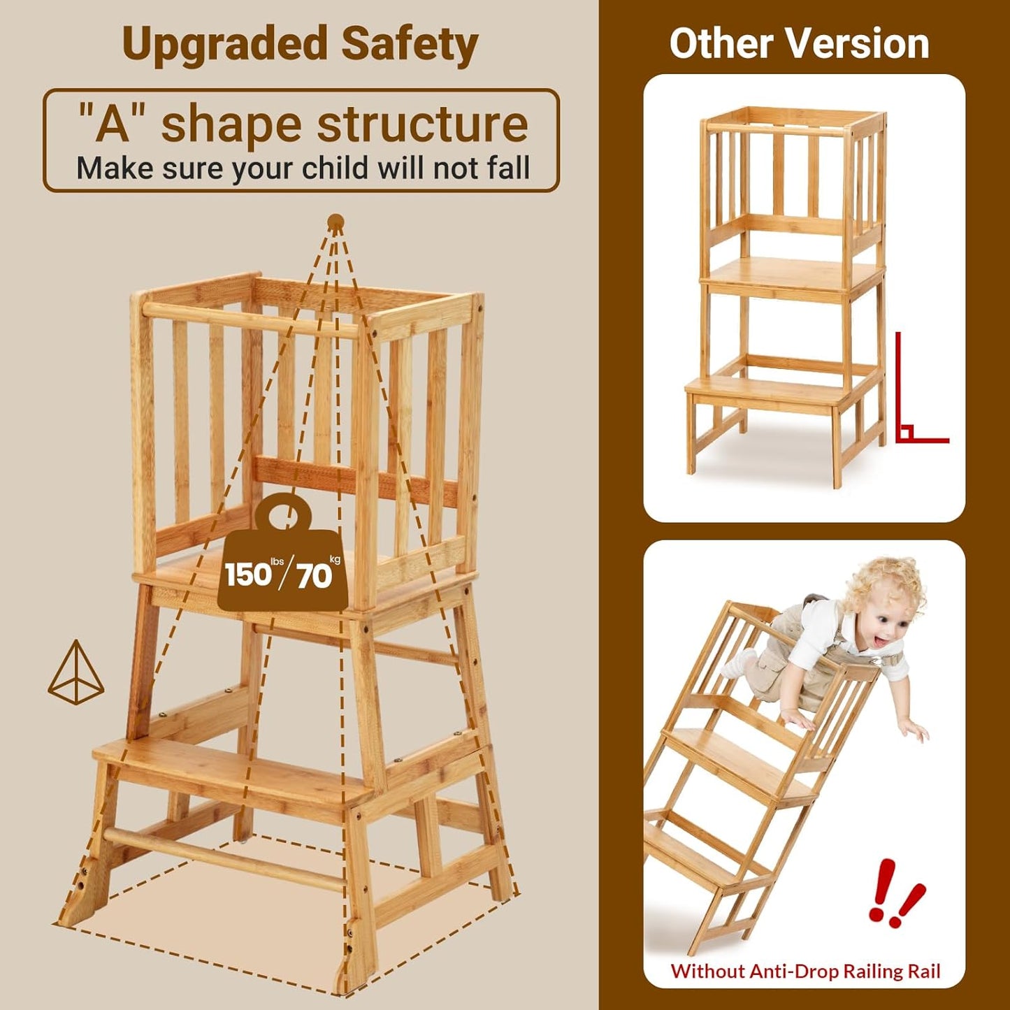 Toddlers Learning Bamboo Kitchen Tower Anti-Tip Design