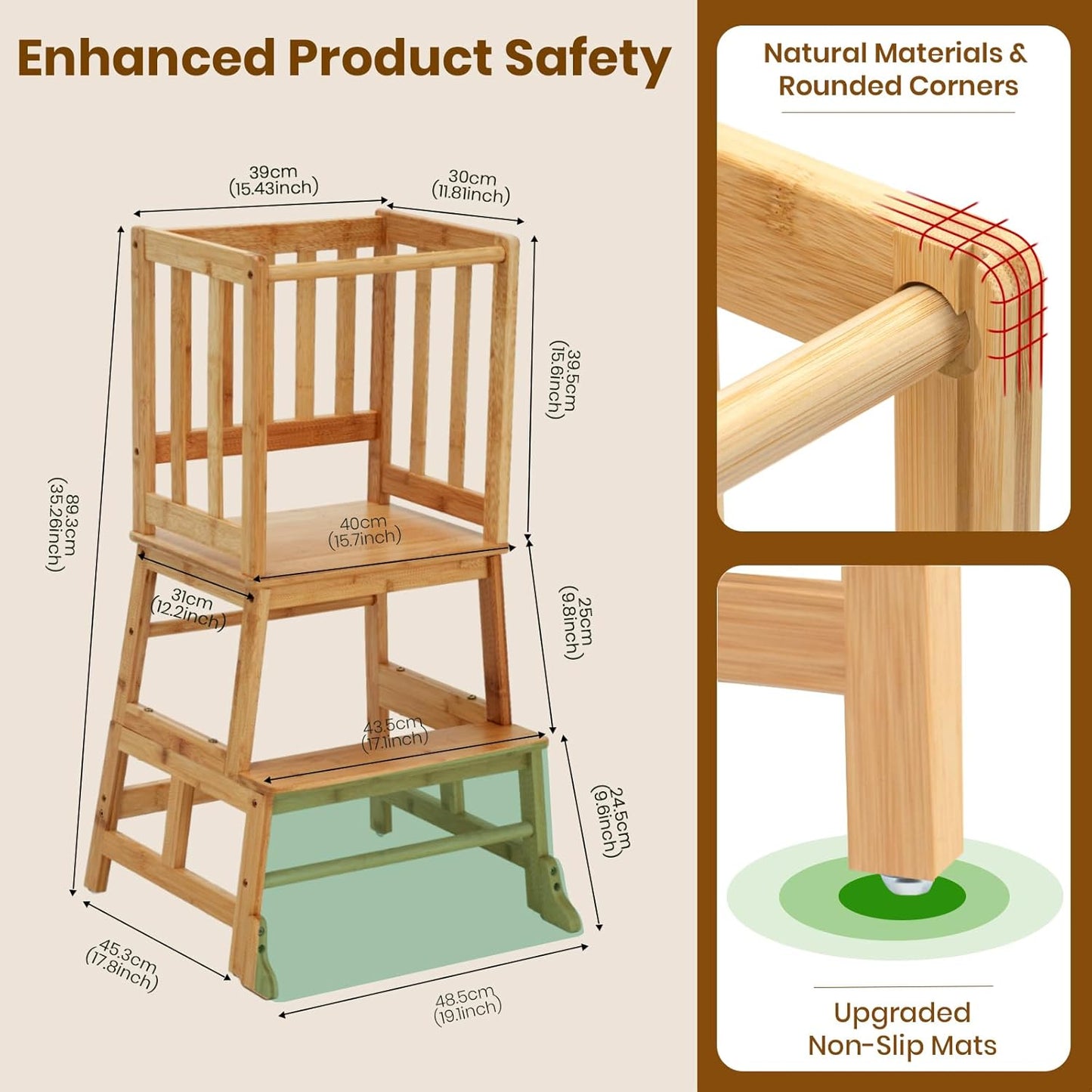 Toddlers Learning Bamboo Kitchen Tower Anti-Tip Design