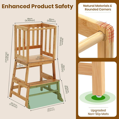 Toddlers Learning Bamboo Kitchen Tower Anti-Tip Design
