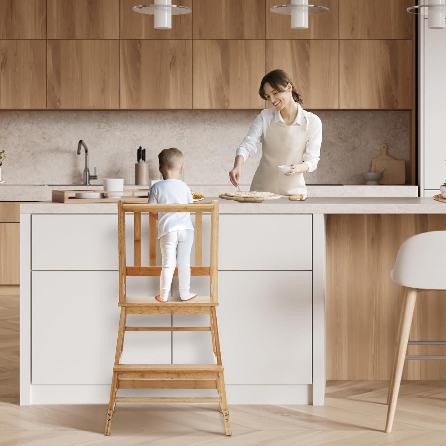 Toddlers Learning Bamboo Kitchen Tower Anti-Tip Design