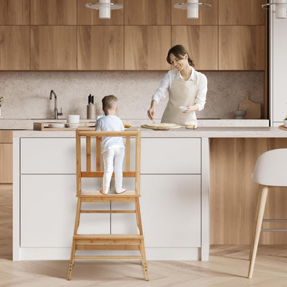 Toddlers Learning Bamboo Kitchen Tower Anti-Tip Design