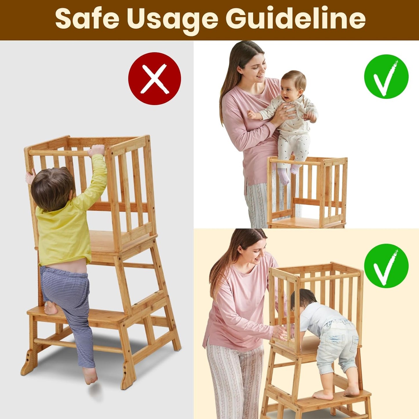 Toddlers Learning Bamboo Kitchen Tower Anti-Tip Design