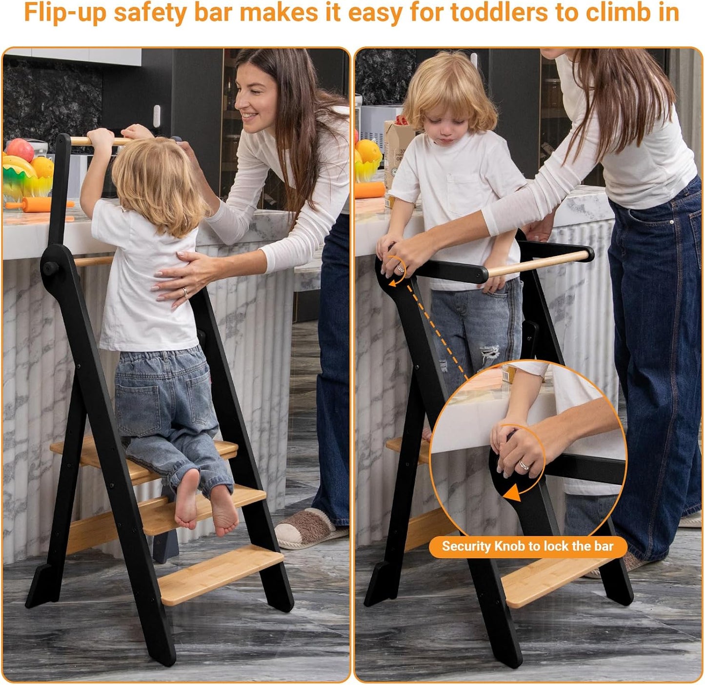 Foldable Toddler Step Stool for Kitchen with Protective Net