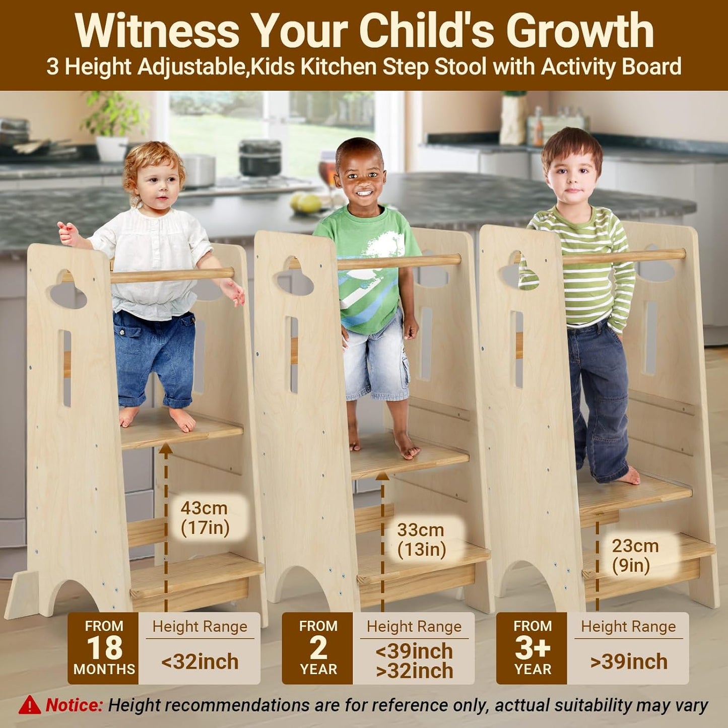 3 Levels Adjustable Kids Learning Stool for Kitchen Stool