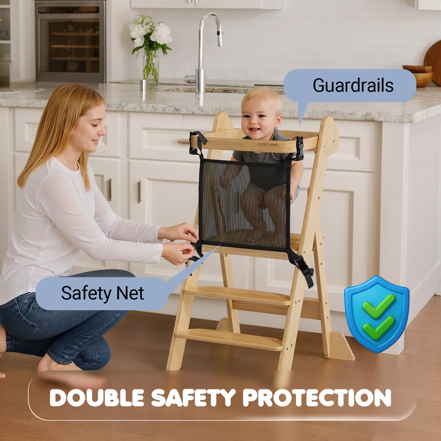 Adjustable Height Foldi Toddler Standing Tower with Net & Safety Feet