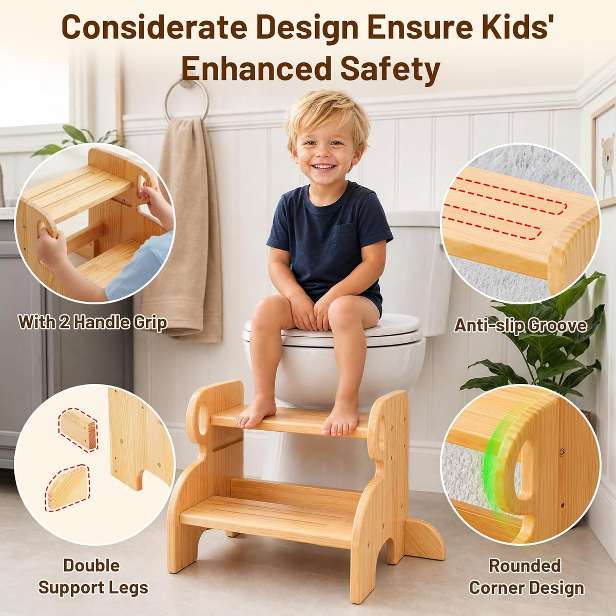 Wooden Anti-Slip 2 Step Stool for Kids Toddler