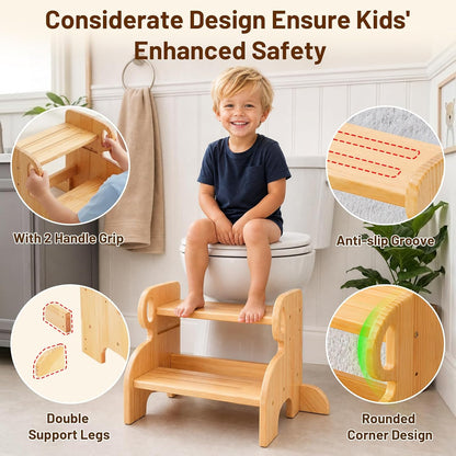 Wooden Anti-Slip 2 Step Stool for Kids Toddler