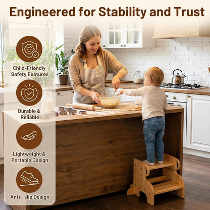 Wooden Anti-Slip 2 Step Stool for Kids Toddler