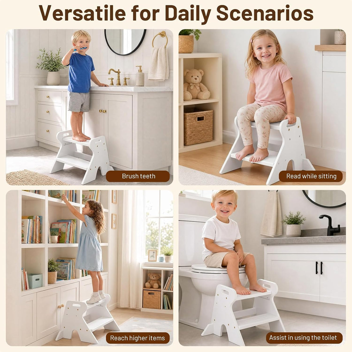 Wooden Toddler Step Stool for Kids Bathroom Kitchen 2 Tier