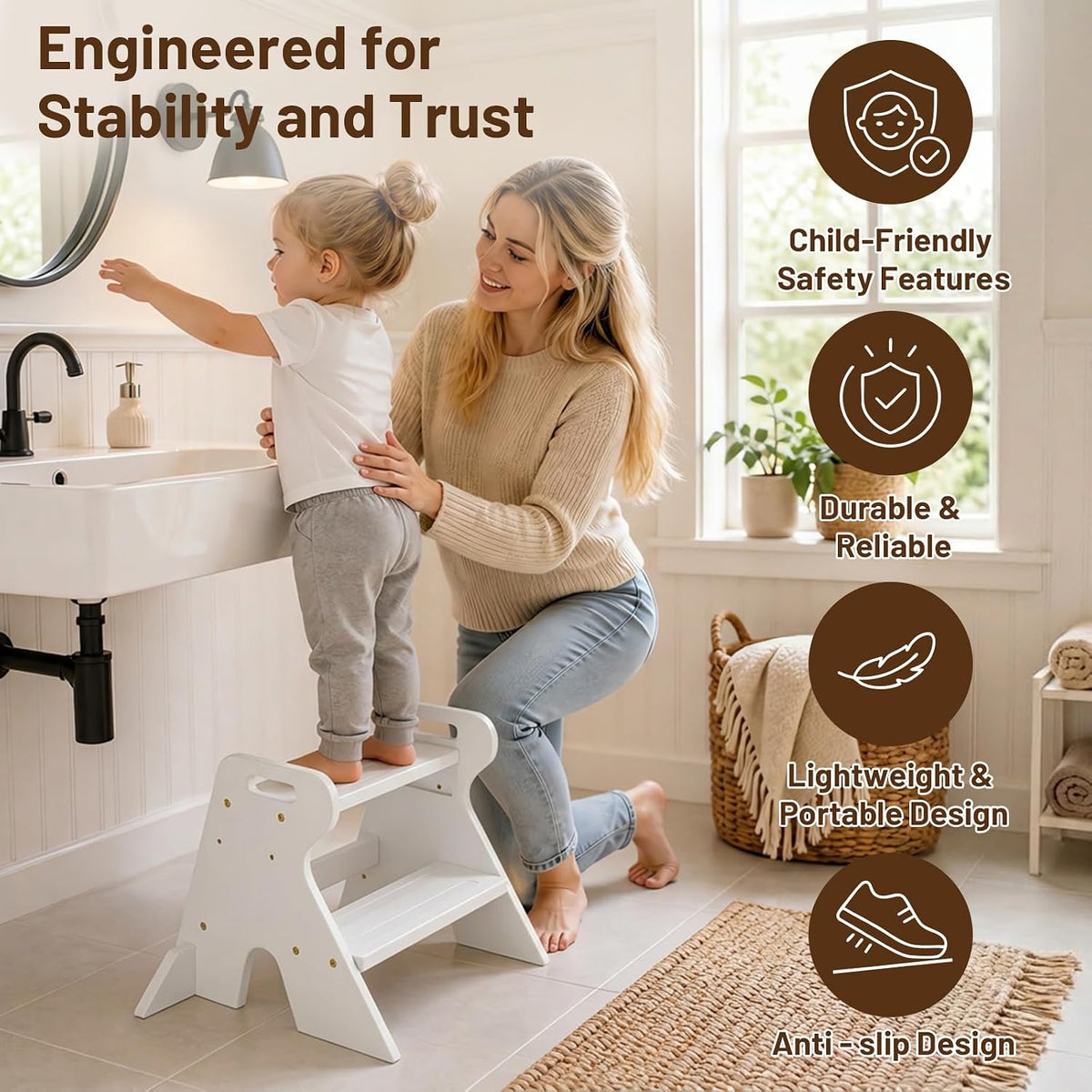 Wooden Toddler Step Stool for Kids Bathroom Kitchen 2 Tier
