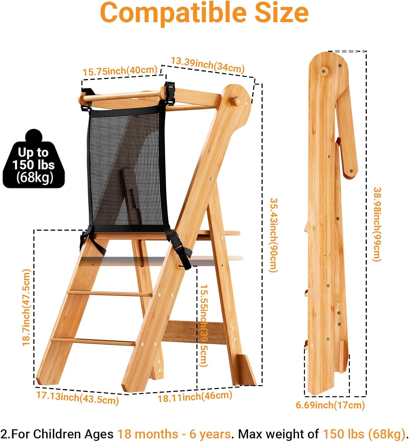 Adjustable Height Foldable Toddler Standing Tower with Safety Net