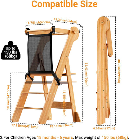 Adjustable Height Foldable Toddler Standing Tower with Safety Net
