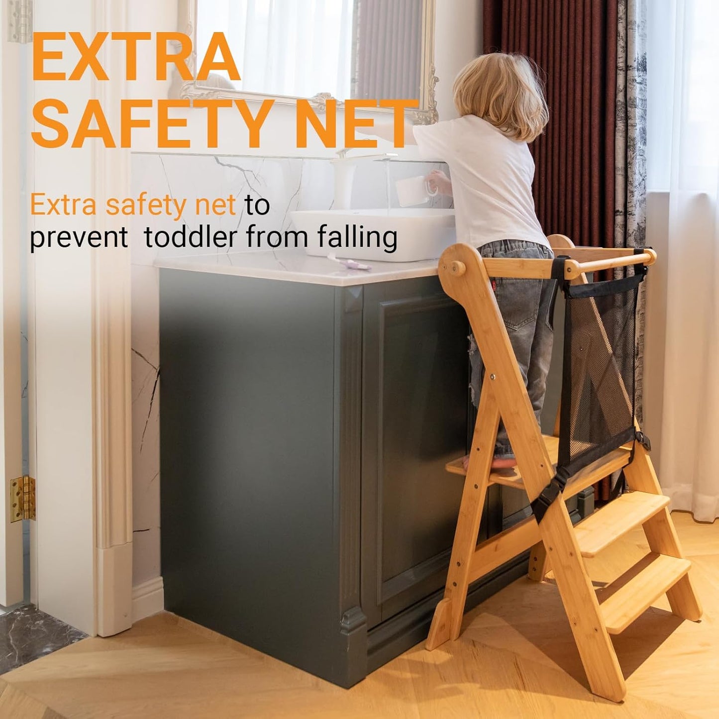 Adjustable Height Foldable Toddler Standing Tower with Safety Net