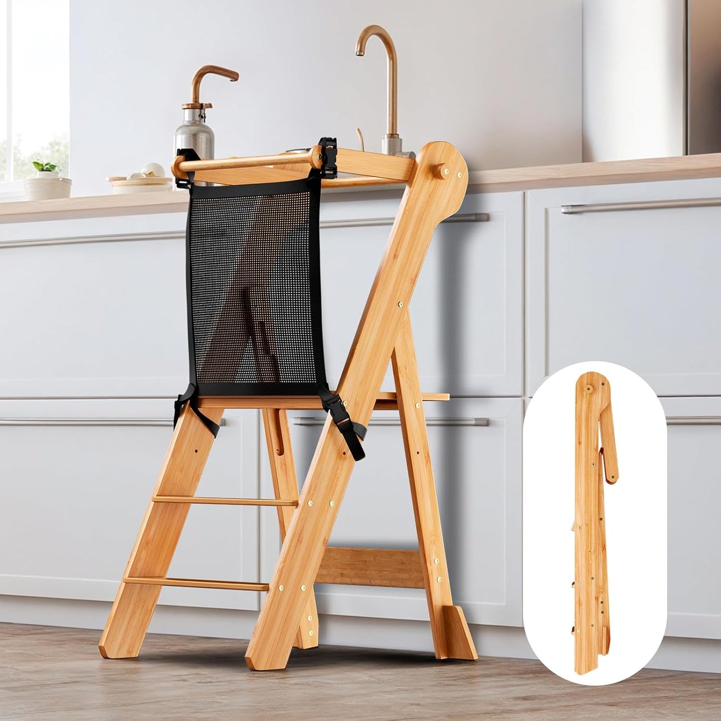 Adjustable Height Foldable Toddler Standing Tower with Safety Net