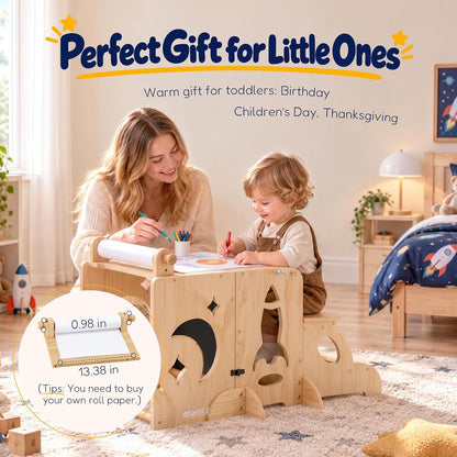 3-in-1 Toddler Tower Chalkboard Desk & 4-Way Kitchen Stable Base