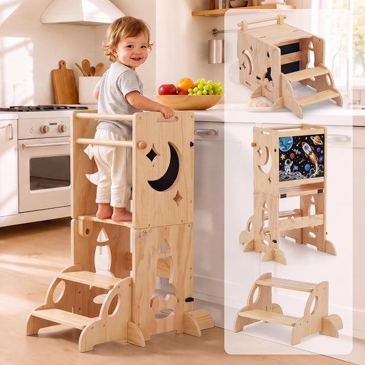 3-in-1 Toddler Tower Chalkboard Desk & 4-Way Kitchen Stable Base
