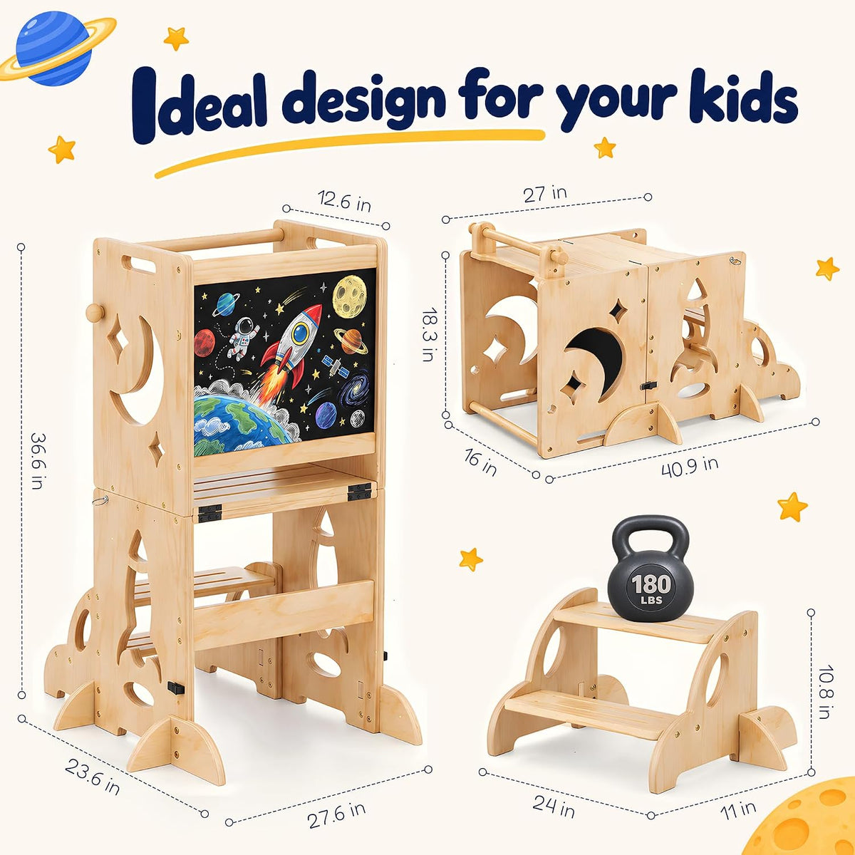 3-in-1 Toddler Tower Chalkboard Desk & 4-Way Kitchen Stable Base