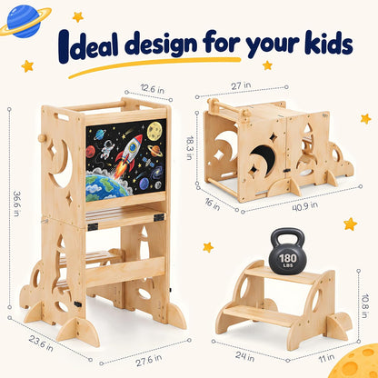 3-in-1 Toddler Tower Chalkboard Desk & 4-Way Kitchen Stable Base