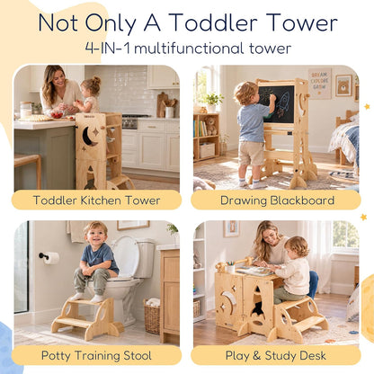 3-in-1 Toddler Tower Chalkboard Desk & 4-Way Kitchen Stable Base