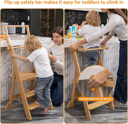 Adjustable Height Foldable Toddler Standing Tower with Safety Net