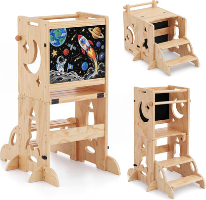 3-in-1 Toddler Tower Chalkboard Desk & 4-Way Kitchen Stable Base