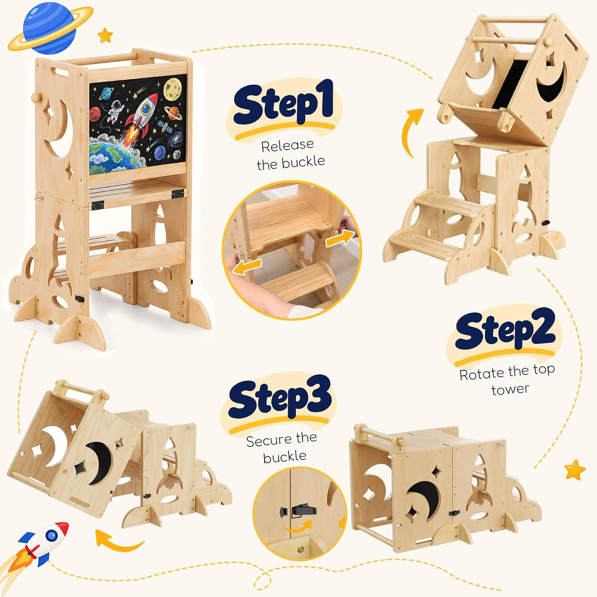 3-in-1 Toddler Tower Chalkboard Desk & 4-Way Kitchen Stable Base