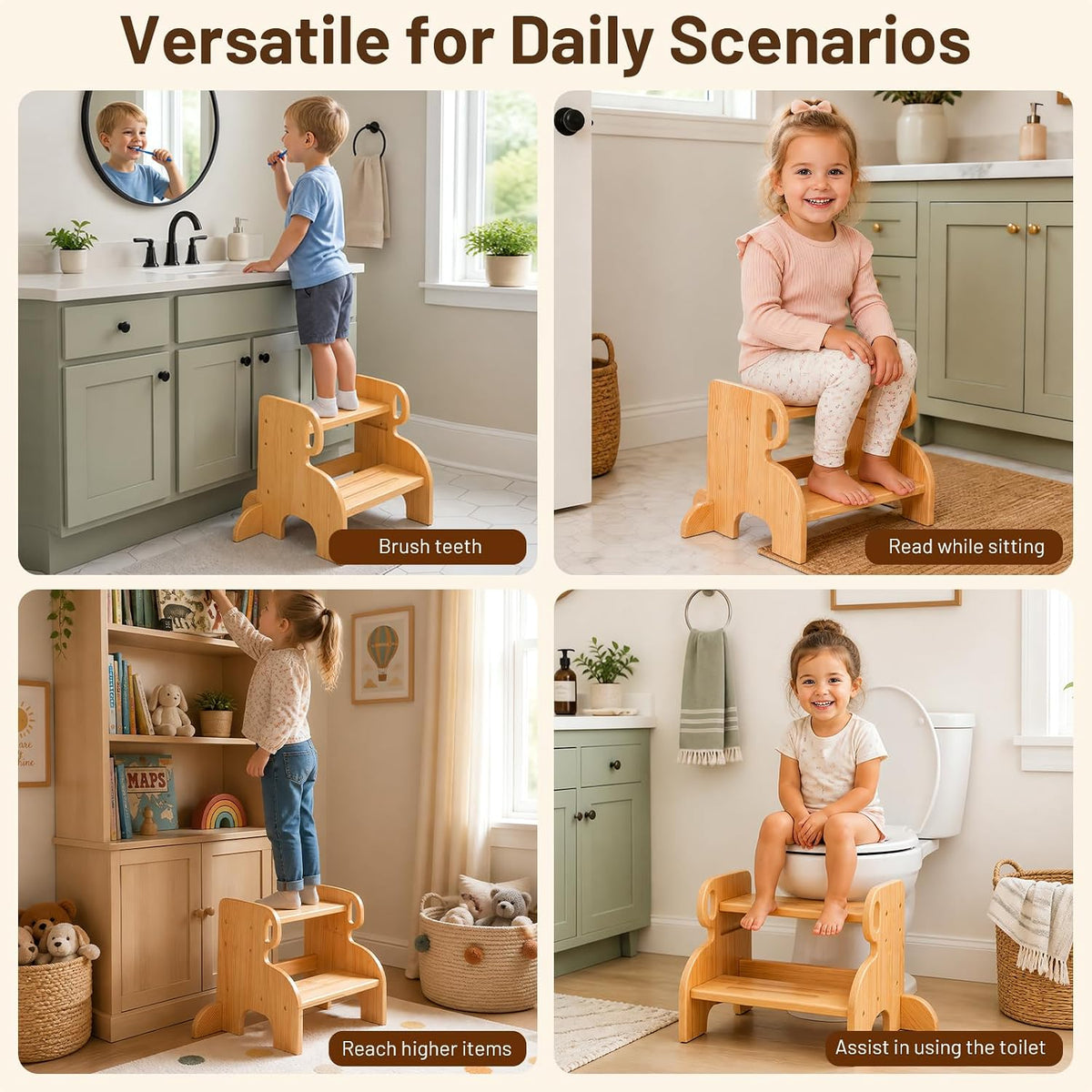 Wooden Anti-Slip 2 Step Stool for Kids Toddler