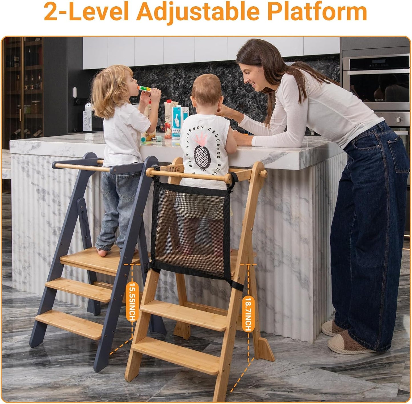 Adjustable Height Foldable Toddler Standing Tower with Safety Net