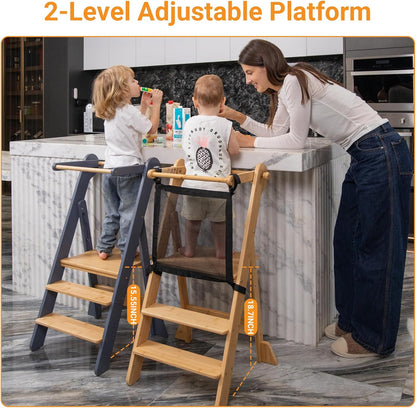 Adjustable Height Foldable Toddler Standing Tower with Safety Net