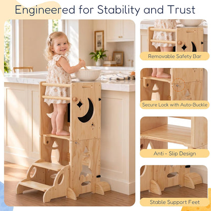 3-in-1 Toddler Tower Chalkboard Desk & 4-Way Kitchen Stable Base