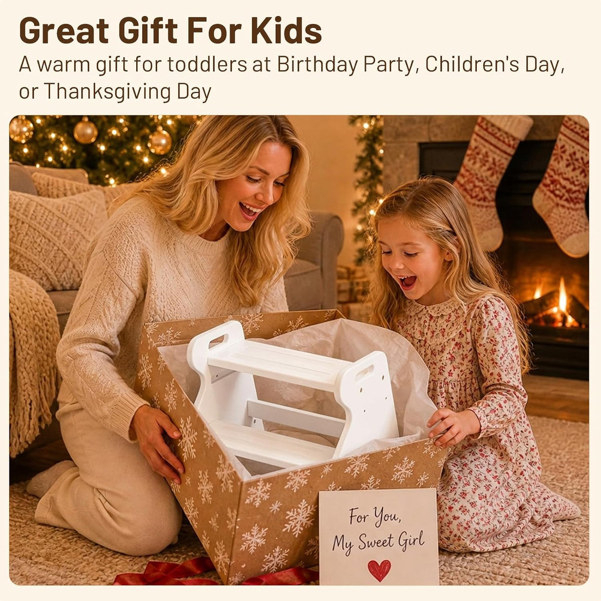 Wooden Toddler Step Stool for Kids Bathroom Kitchen 2 Tier