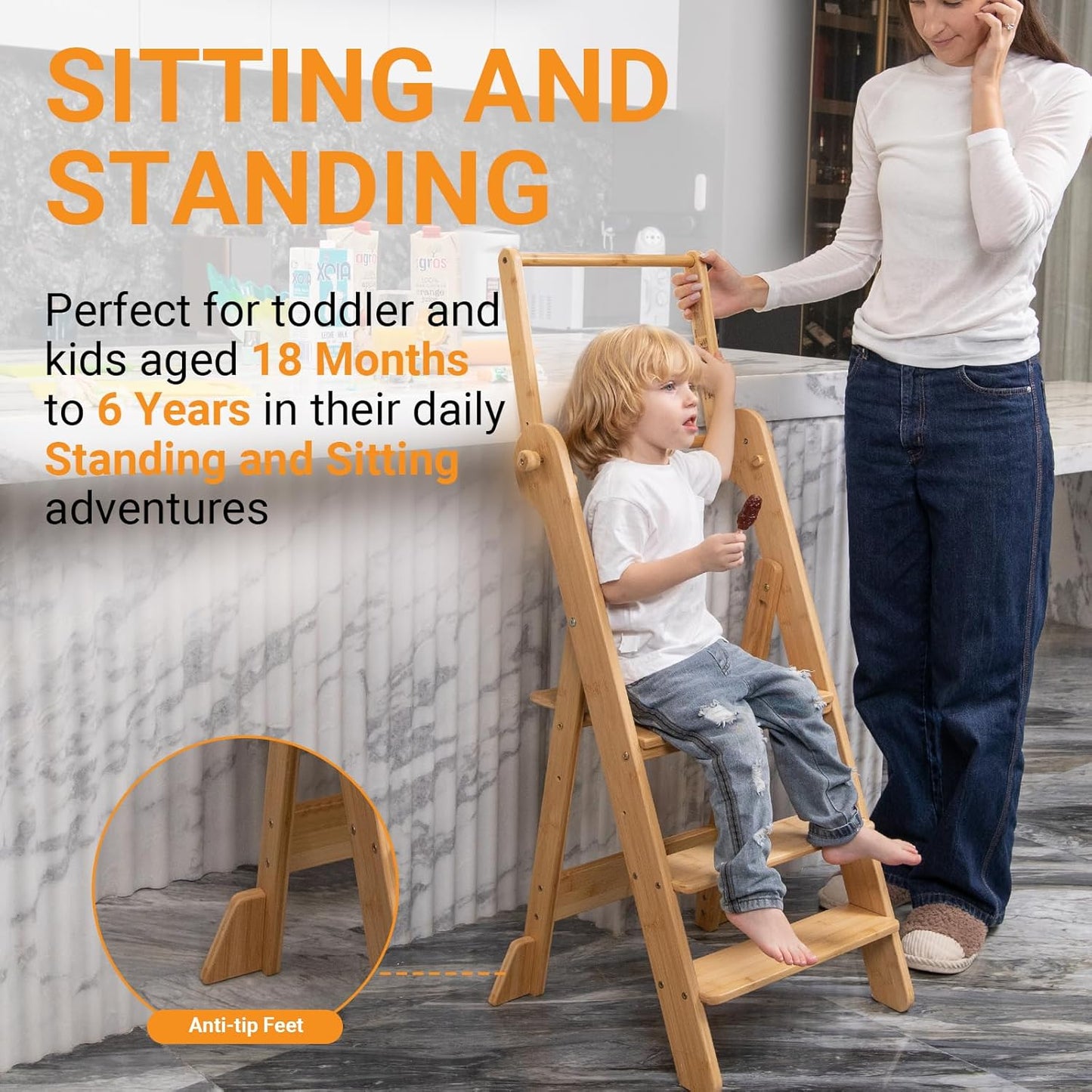 Adjustable Height Foldable Toddler Standing Tower with Safety Net