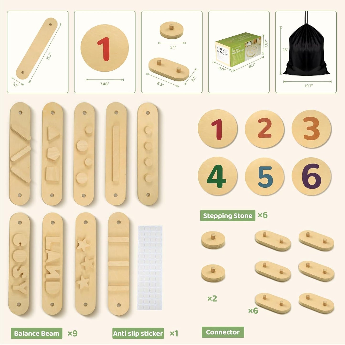 15 PCS Toddler Wooden Balance Beams and Stepping Stones