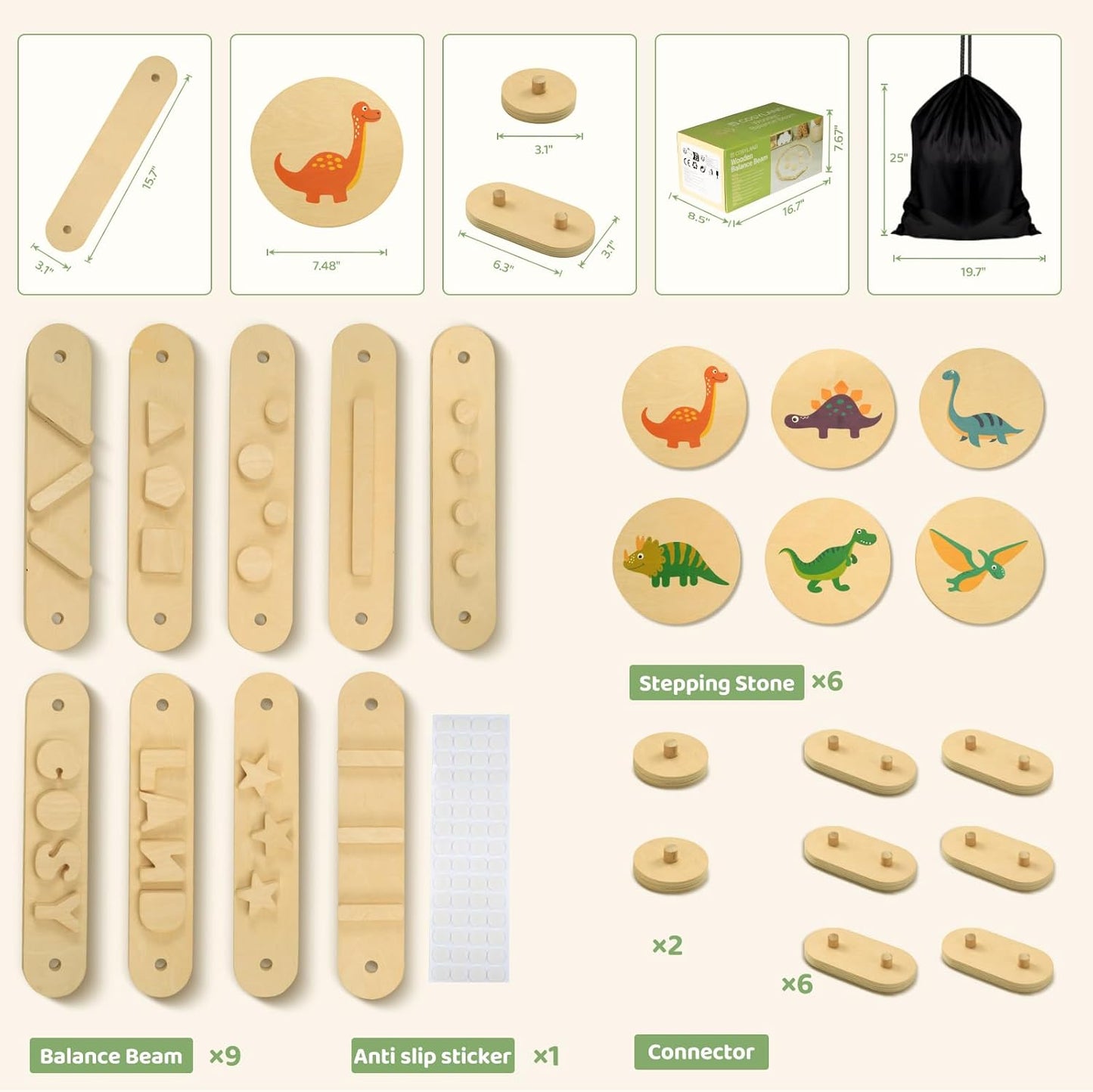 15 PCS Toddler Wooden Balance Beams and Stepping Stones