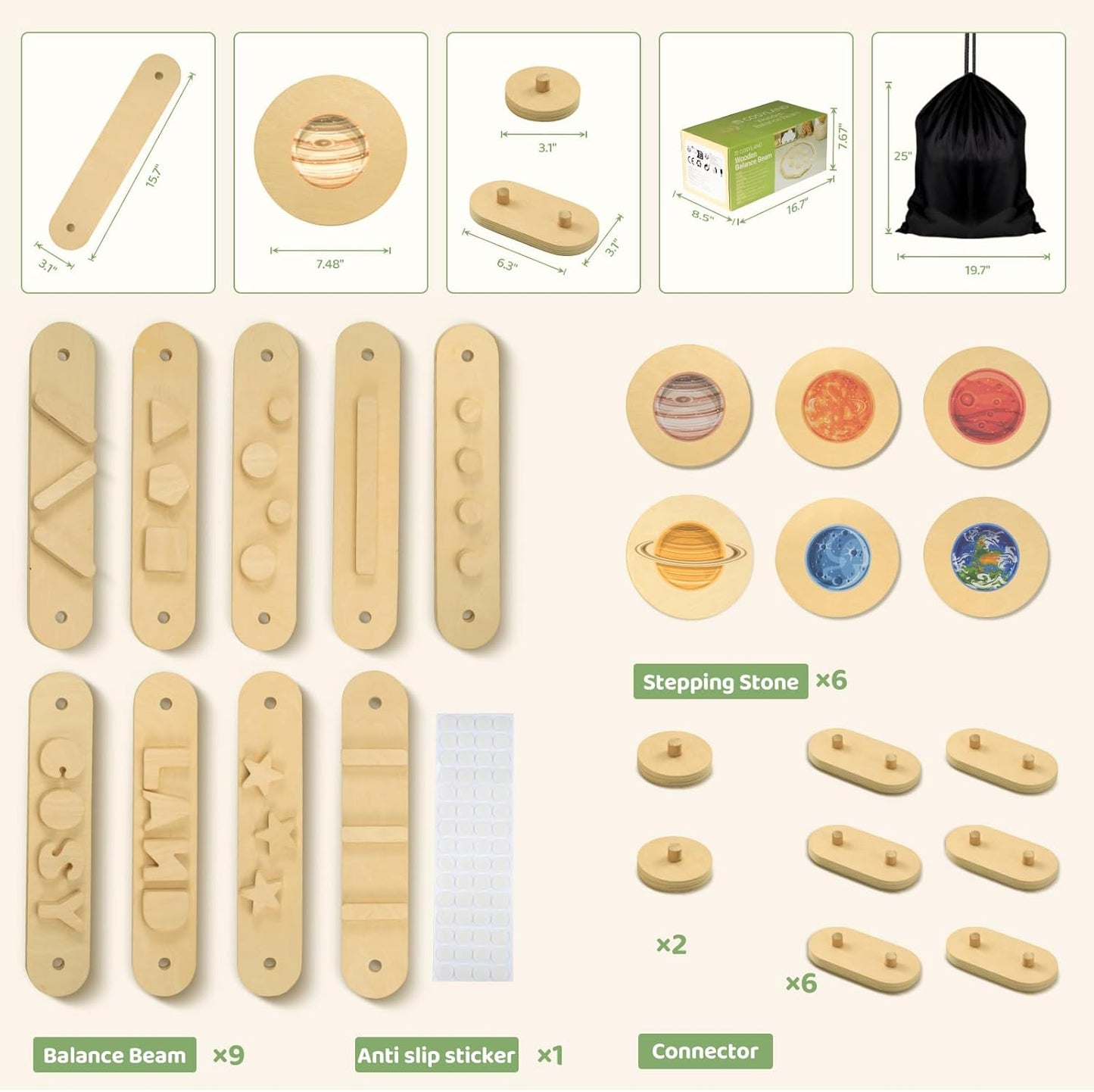 15 PCS Toddler Wooden Balance Beams and Stepping Stones
