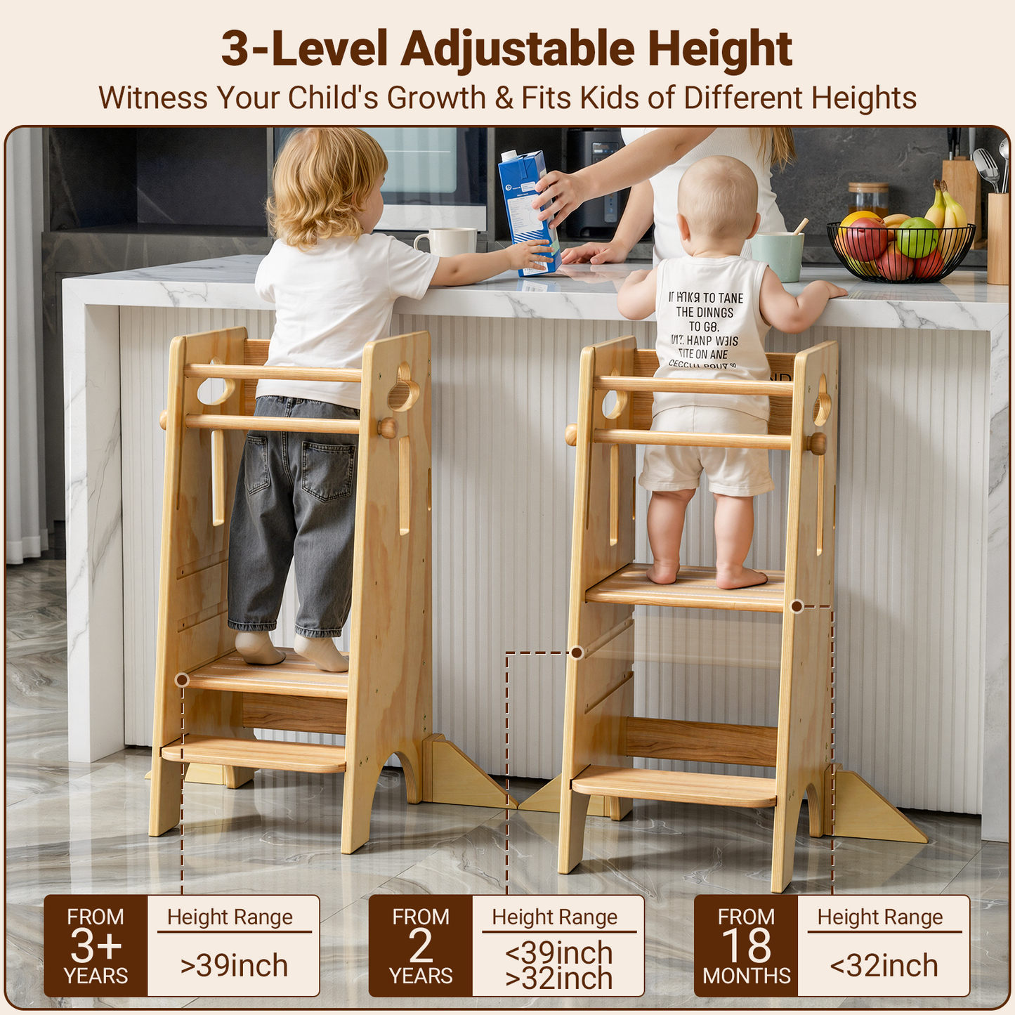 3 Levels Height Adjustable Toddler Standing Tower Paintless