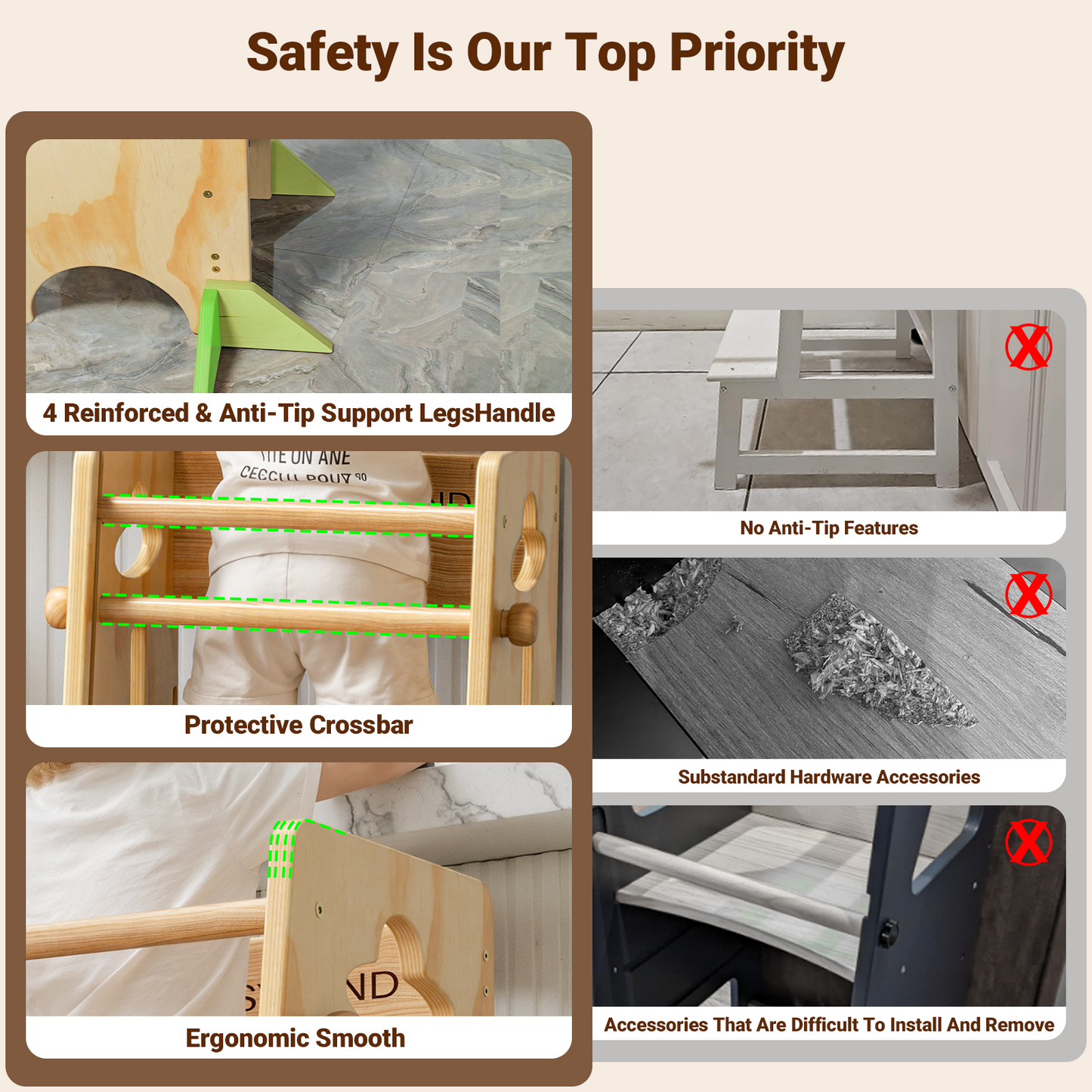 3 Levels Height Adjustable Toddler Standing Tower Paintless