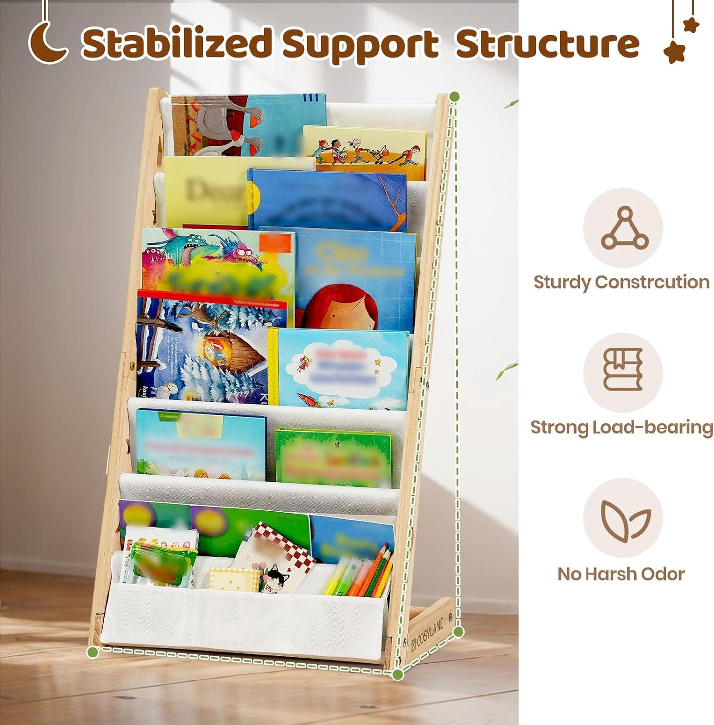 7-Tier Toddler Wooden Bookshelf with Deep Pocket